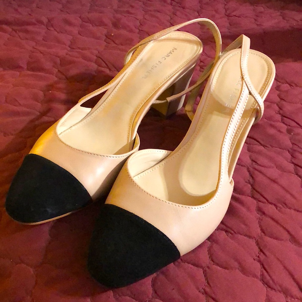 Lightly used Marc fisher two-toned sling back heels, 3 inch heel.